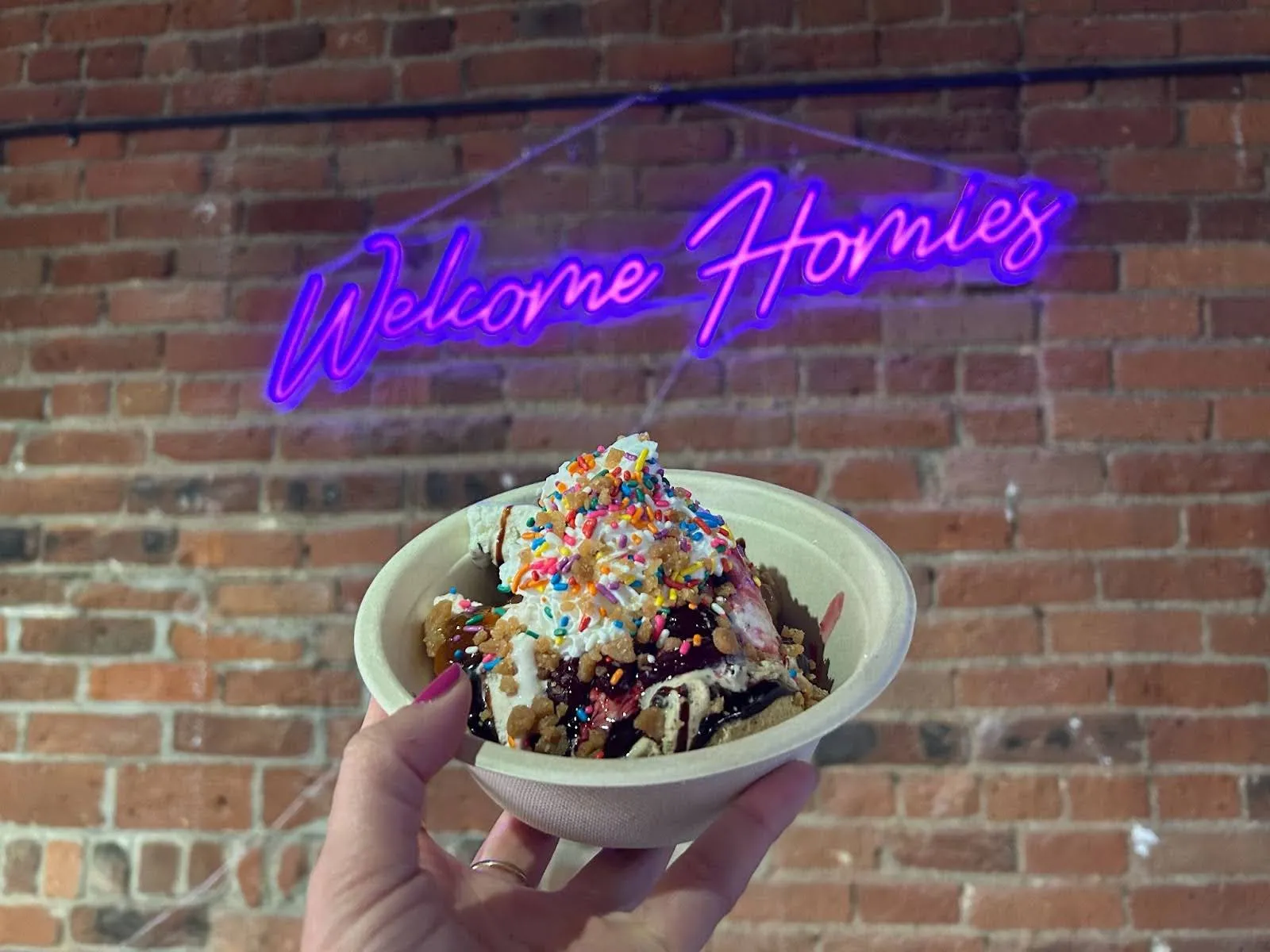 Hand holding a bowl of dessert topped with whipped cream, colorful sprinkles, and chocolate sauce in front of a brick wall with a neon sign that says 'Welcome Homies'.
