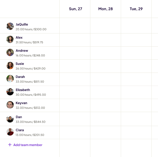 Homebase weekly schedule grid with a row per team member showing their hours and labour cost.