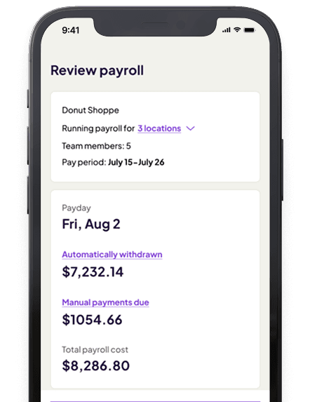 Homebase payroll on a phone showing a payroll review and submit screen.