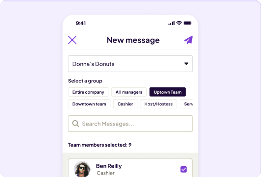 Composing new message in the Homebase app messenger to Donna's Donuts staff, with group selection options for cashiers, managers, two different location, entire company, etc.