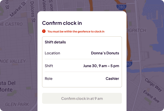 Homebase mobile time clock showing geofencing error message preventing clock-in outside the designated location boundary.