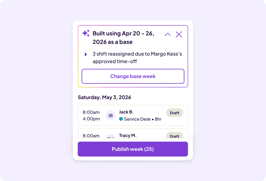 Homebase scheduling interface showing draft shifts for May 3, 2026, with notification that shifts were reassigned due to employee time-off approval.