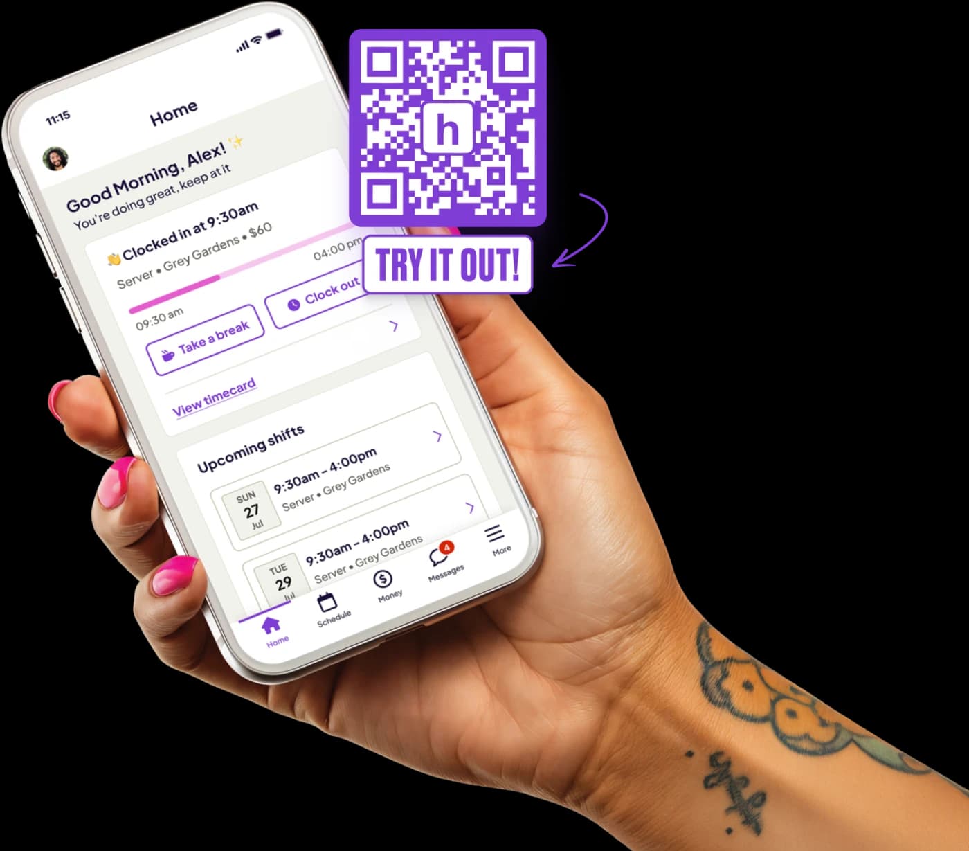 Hand holding a phone showing the Homebase app, beside a QR code to download it