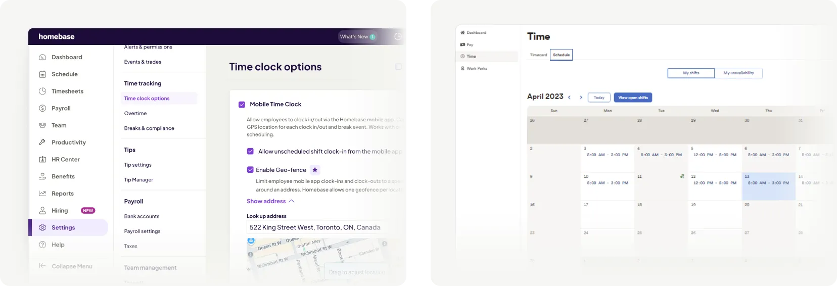 Homebase time clock settings with GPS geofencing compared to ADP schedule calendar view