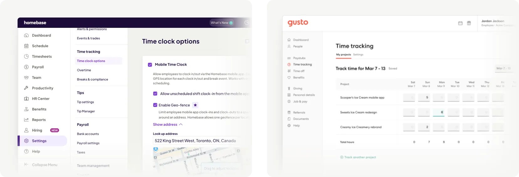 Homebase and Gusto time clock with GPS geofencing and time tracking for employees