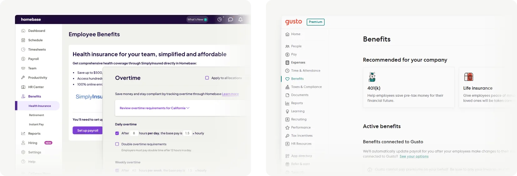 Homebase and Gusto benefits dashboard with health insurance, 401k, and life insurance options