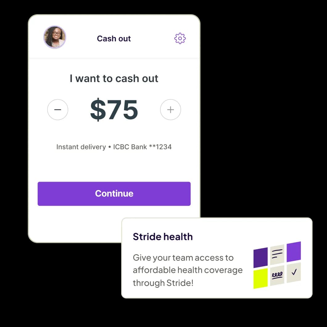 Mobile app screen showing a cash out feature with $75 selected for instant delivery to ICBC Bank account, and a prompt to continue, alongside an ad for Stride health coverage.