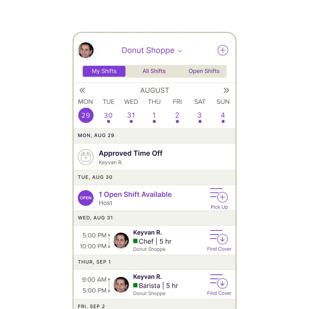 Homebase mobile schedule showing a week of shifts with an approved time-off request and an open shift available to pick up.