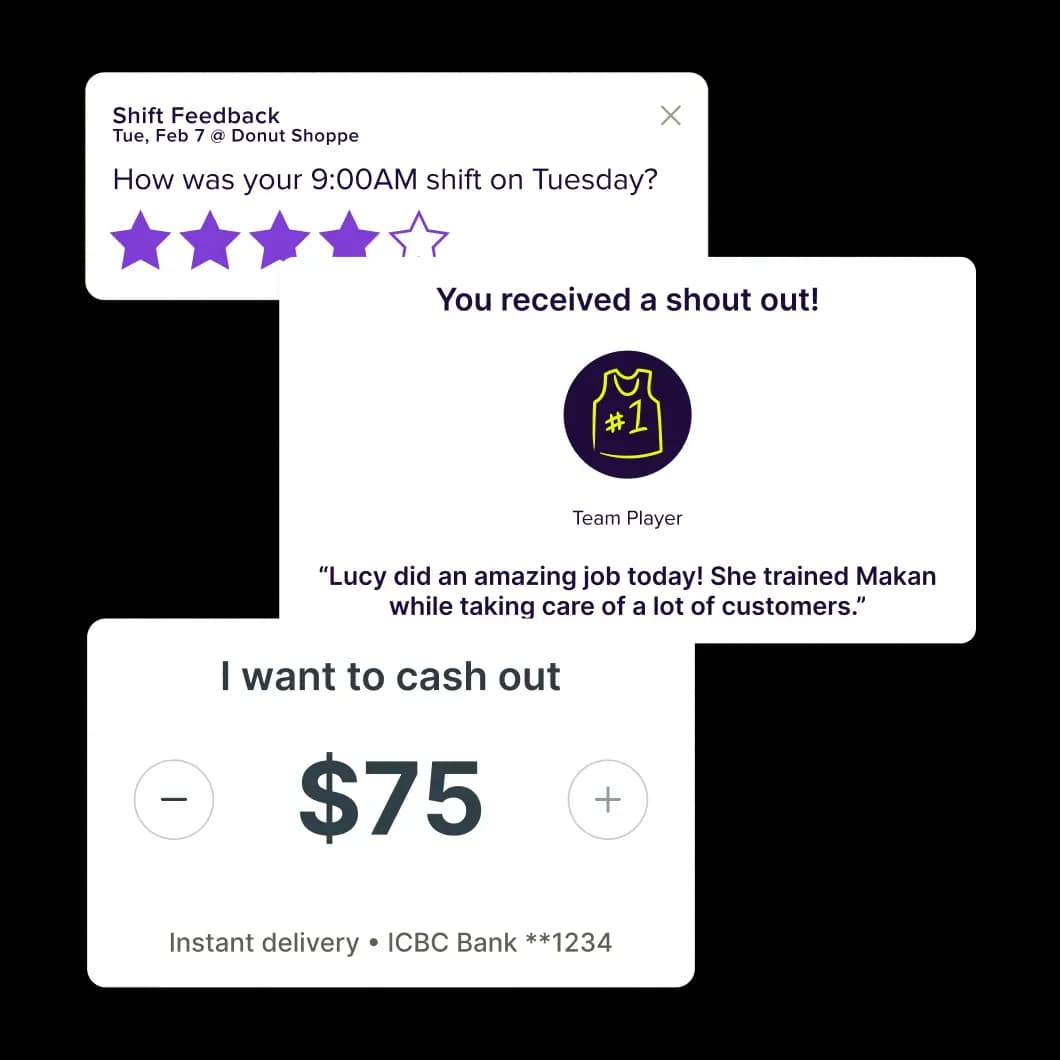 Homebase app cards showing a shift feedback prompt, a team shout out, and a $75 cash-out request.