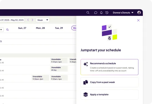 A Homebase scheduling dashboard showing a weekly view with a "Jumpstart your schedule" panel offering options to recommend a schedule, copy from a past week, or apply a template.