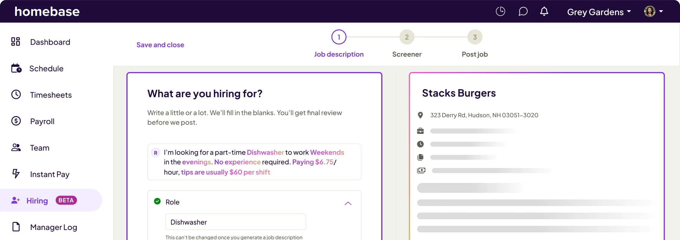 Homebase hiring dashboard showing a job description for a part-time dishwasher at Stacks Burgers, with details on pay, schedule, and location.