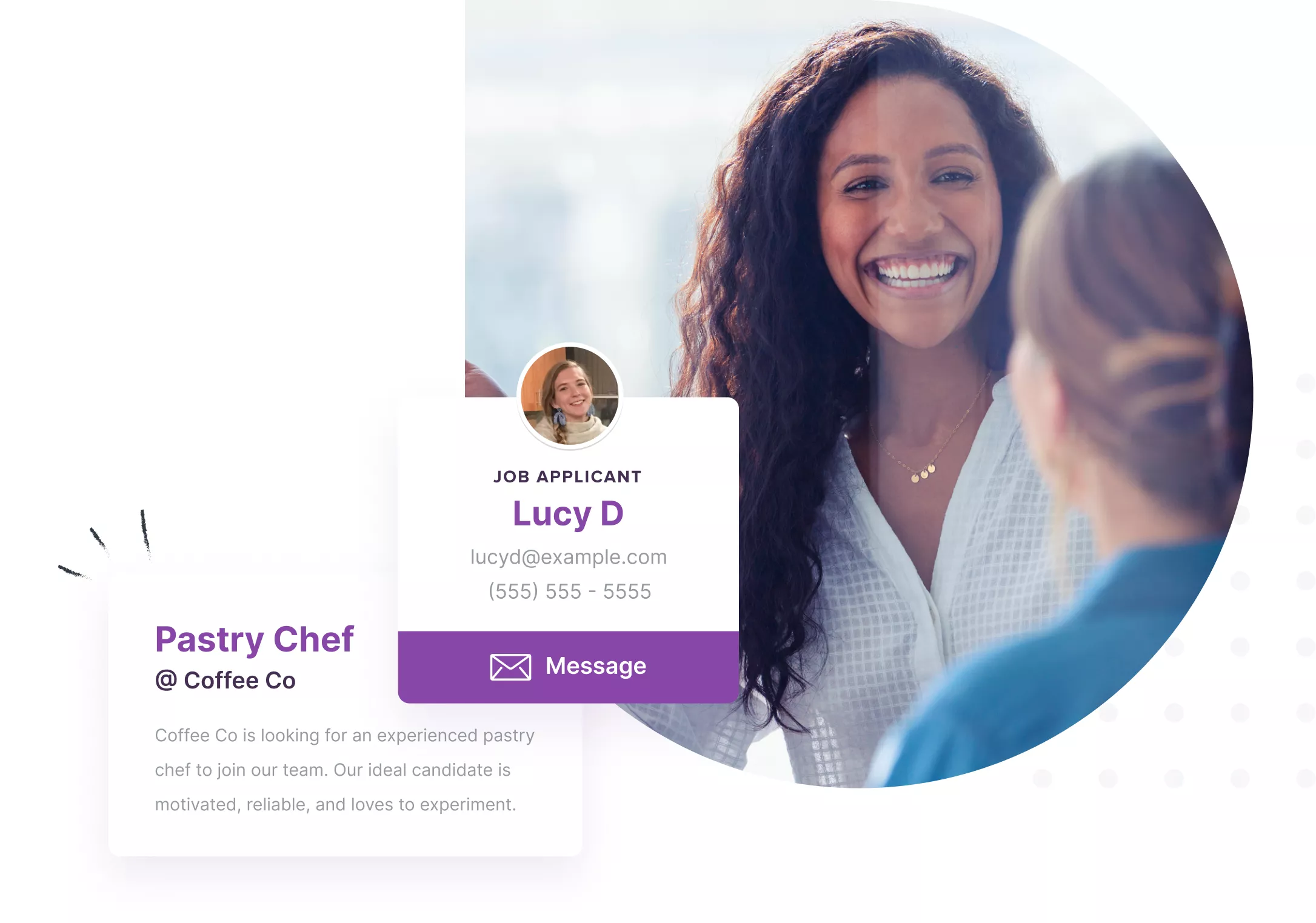 A hiring manager talking with a smiling job applicant, beside a Homebase job-applicant card for Lucy D with a Message button and a Pastry Chef @ Coffee Co job description.