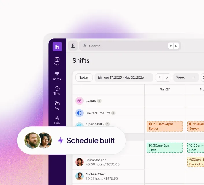 Work shift schedule interface showing shifts for servers and chefs with hours and earnings, with a Schedule built confirmation.
