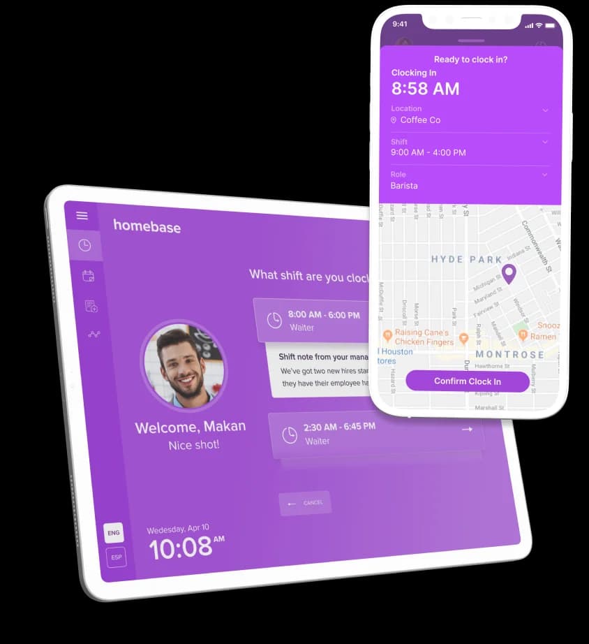 Tablet showing a purple Homebase shift clock-in screen welcoming user Makan with shift options, and a smartphone screen with a map and clock-in details for a Barista at Coffee Co.