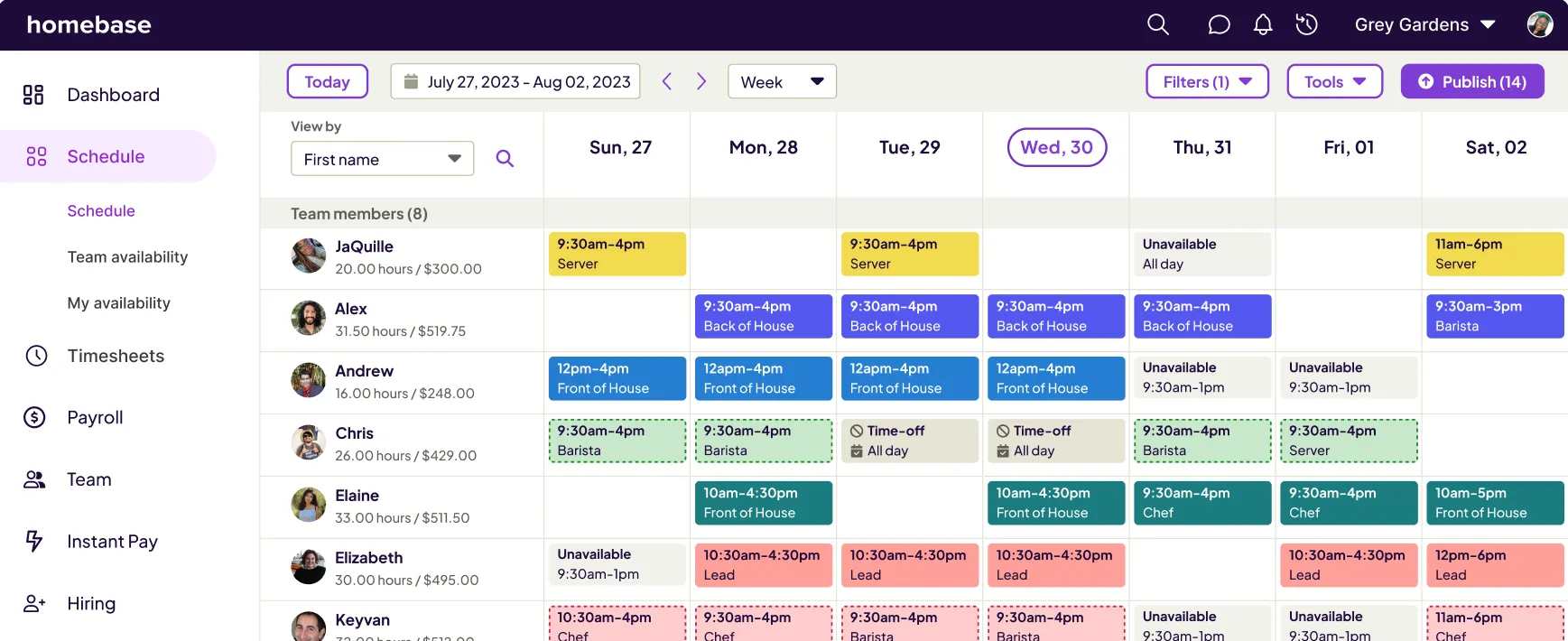 The Homebase scheduling dashboard showing a week of shifts across a team