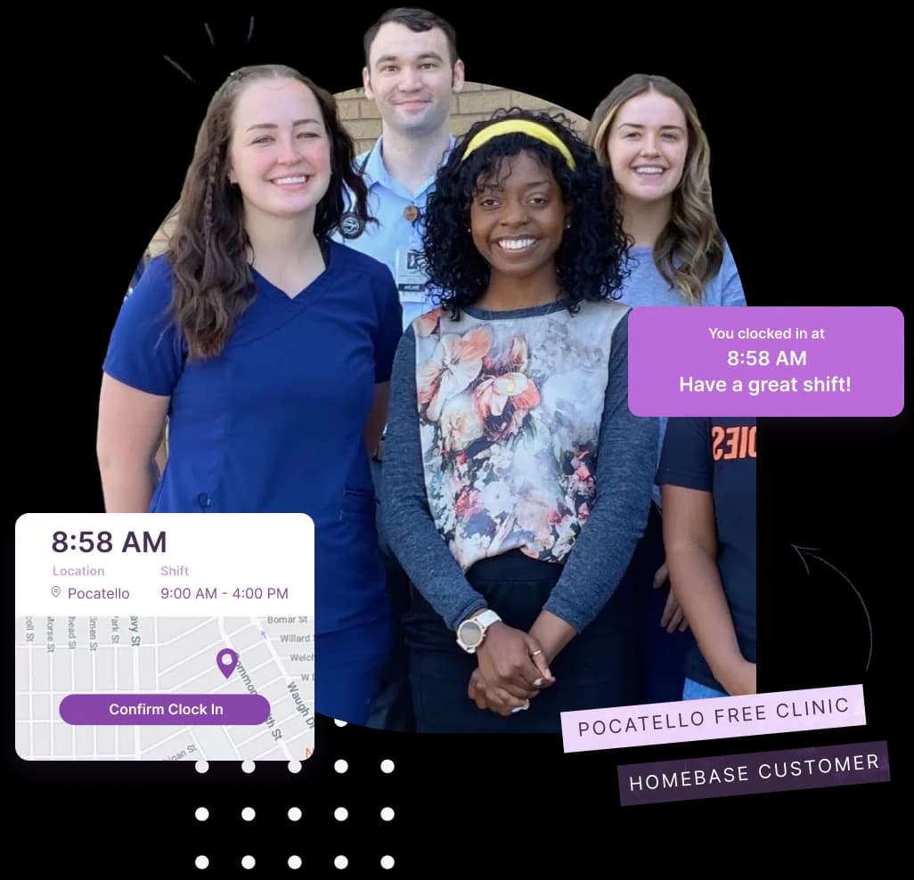 Four smiling coworkers posing together, labeled Pocatello Free Clinic, with a GPS clock-in confirmation card overlaid