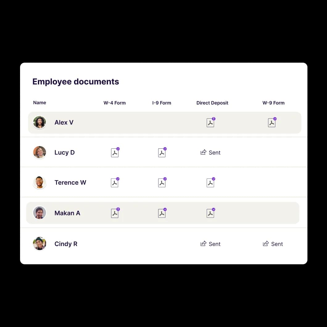 Homebase employee documents list showing W-4, I-9, direct deposit, and W-9 form status for five employees