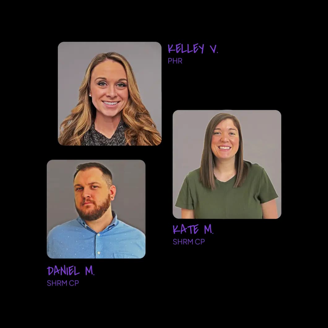 Headshot photos of three Homebase certified HR advisors with their names and credentials