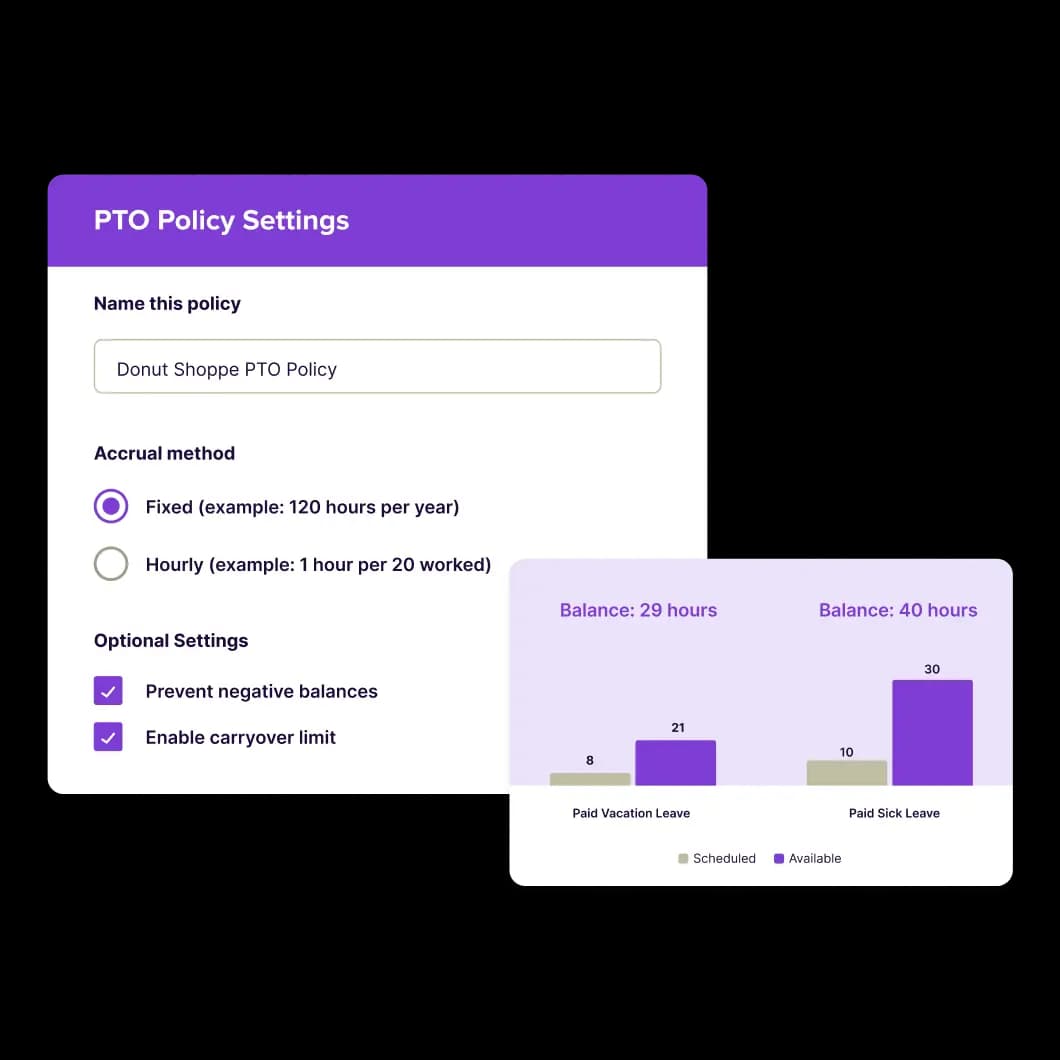 Homebase PTO policy settings next to a chart of paid vacation and sick leave balances