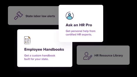 Four HR resource cards: state labor law alerts, Ask an HR Pro, custom employee handbooks, and an HR resource library