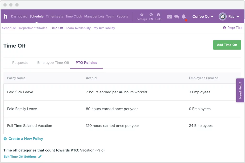 A Time Off page listing PTO policies for paid sick leave, paid family leave, and salaried vacation, with accrual rates and enrolled employee counts