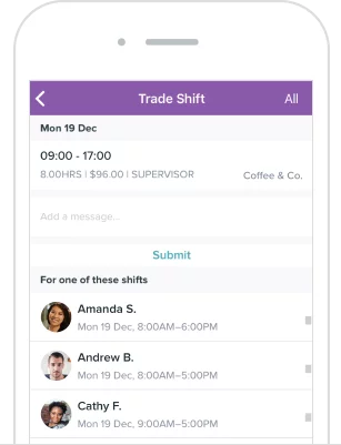 A mobile Trade Shift screen listing coworkers' open shifts an employee can pick up