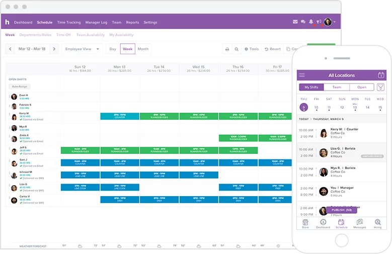 A web schedule builder with color-coded weekly shifts by employee, next to a phone showing the schedule across all locations