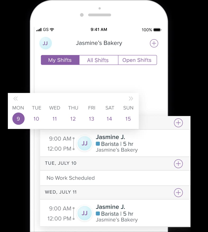 A phone screen showing a weekly shift calendar for Jasmine's Bakery with an employee's upcoming shifts listed