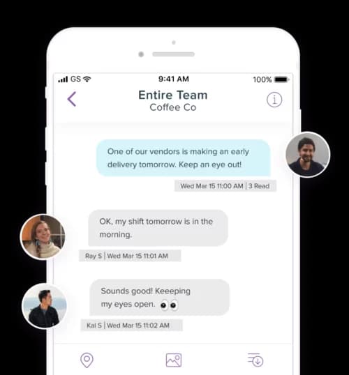 A phone group chat with the entire team at Coffee Co discussing an early vendor delivery