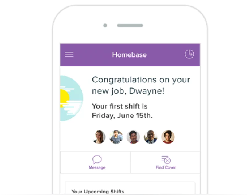 A phone onboarding screen congratulating a new hire on their job and first shift date, with teammate photos and message or find-cover buttons