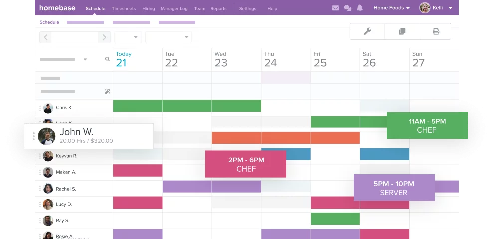 A web schedule for Home Foods showing color-coded weekly shifts by employee, with a shift detail tooltip open for one employee