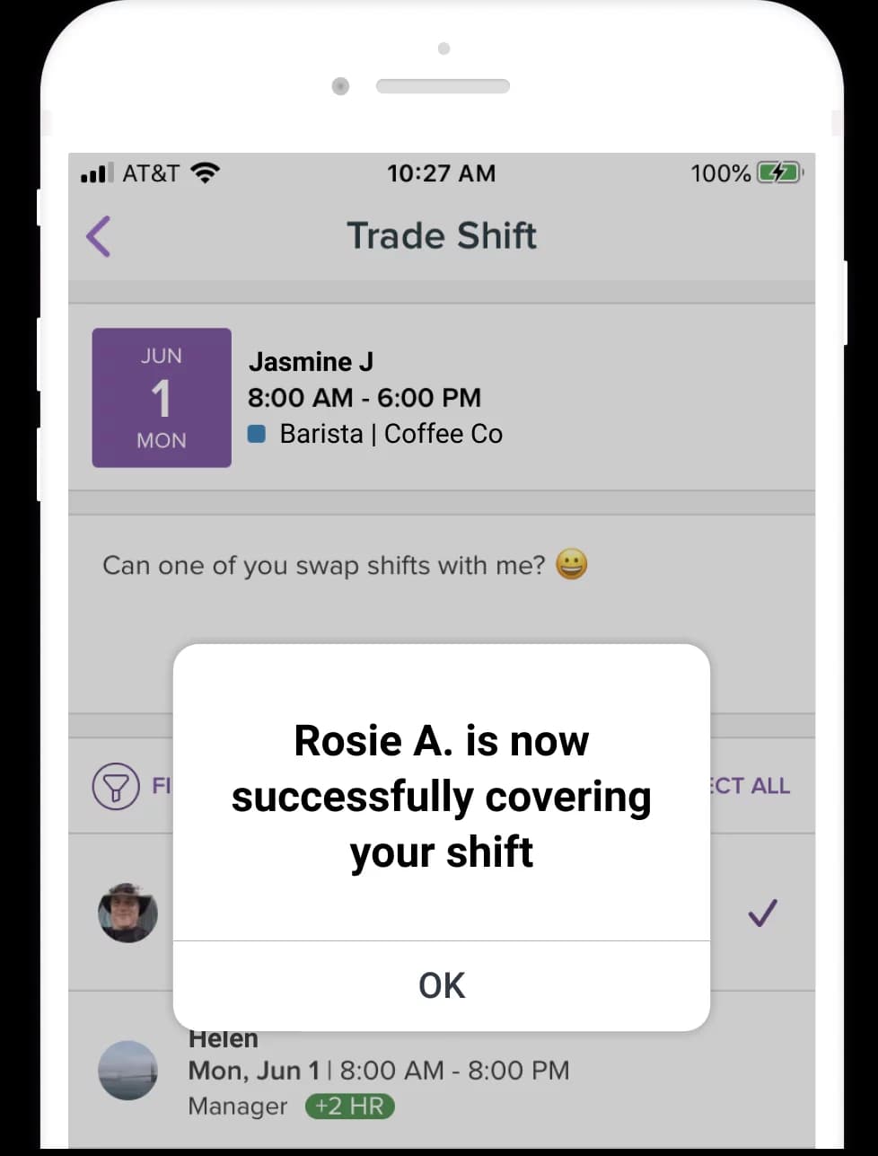 A phone Trade Shift screen with a confirmation popup that a coworker is now covering the employee's shift