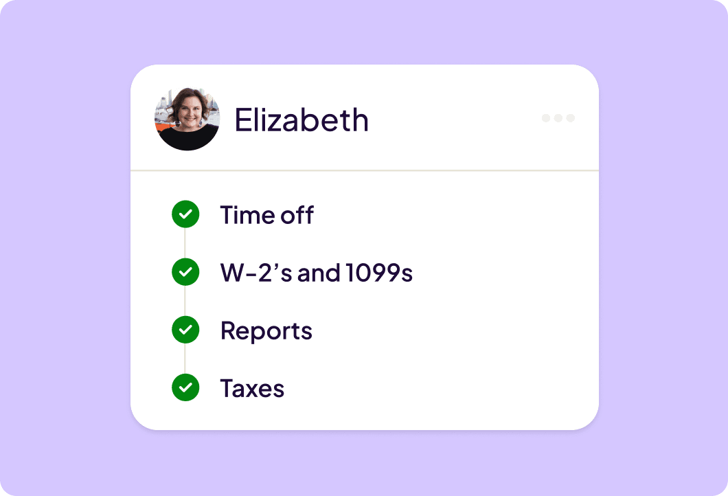An employee’s payroll checklist with time off, W-2s and 1099s, reports, and taxes all marked complete