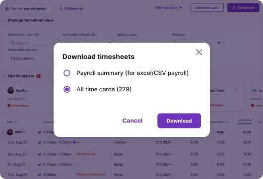 Pop-up window on a timesheet management app shows options to download either a payroll summary or all time cards. “Download” button is highlighted.