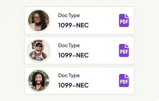 Three stacked document rows, each with a headshot, labeled Doc Type 1099-NEC, next to a purple PDF icon.