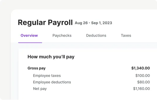 A Regular Payroll overview for Aug 26 to Sep 1, 2023 showing gross pay of $1,340.00 broken into $100.00 employee taxes, $80.00 deductions, and $1,160.00 net pay.