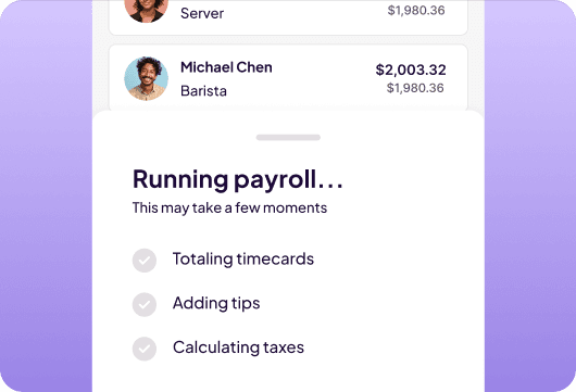 Timesheets syncing automatically into a Homebase payroll run.