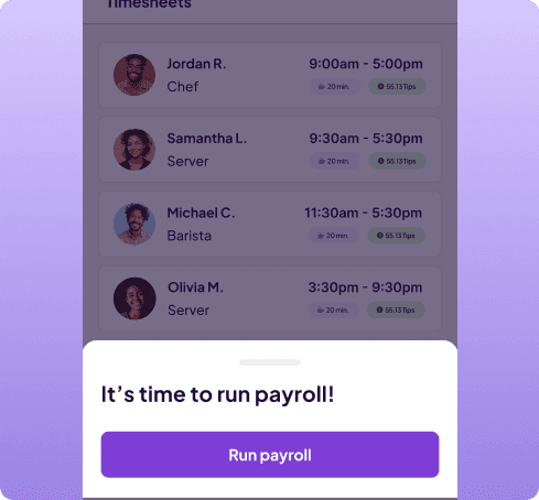 The Homebase payroll app showing a payroll run with employee hours, tips, and pay amounts.