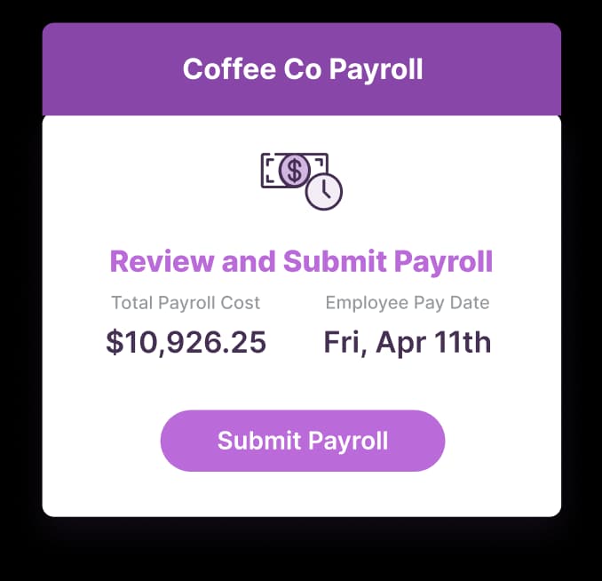 A Coffee Co Payroll card reading Review and Submit Payroll, with total payroll cost $10,926.25, employee pay date Fri Apr 11th, and a Submit Payroll button.