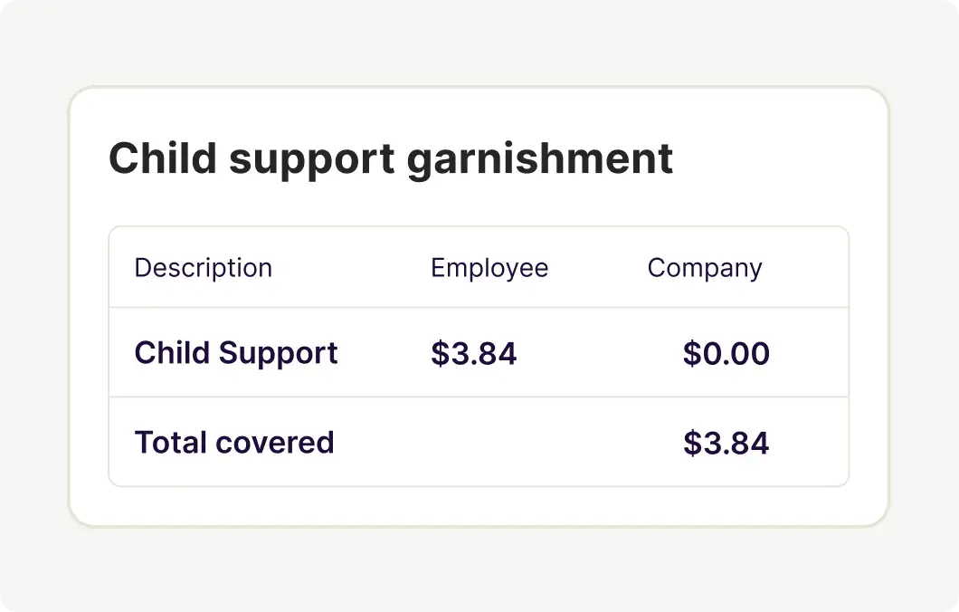 Card titled 'Child support garnishment' showing a $3.84 employee deduction, $0.00 company portion, and $3.84 total covered.
