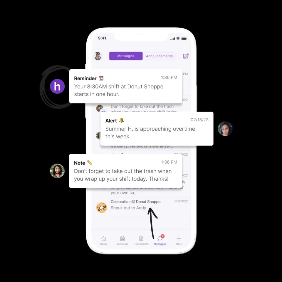 Homebase app showing shift notes and reminders sent to the team's phones