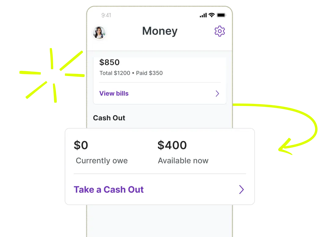Mobile app screen showing money management with $850 balance, $0 owed, and $400 available for cash out option.
