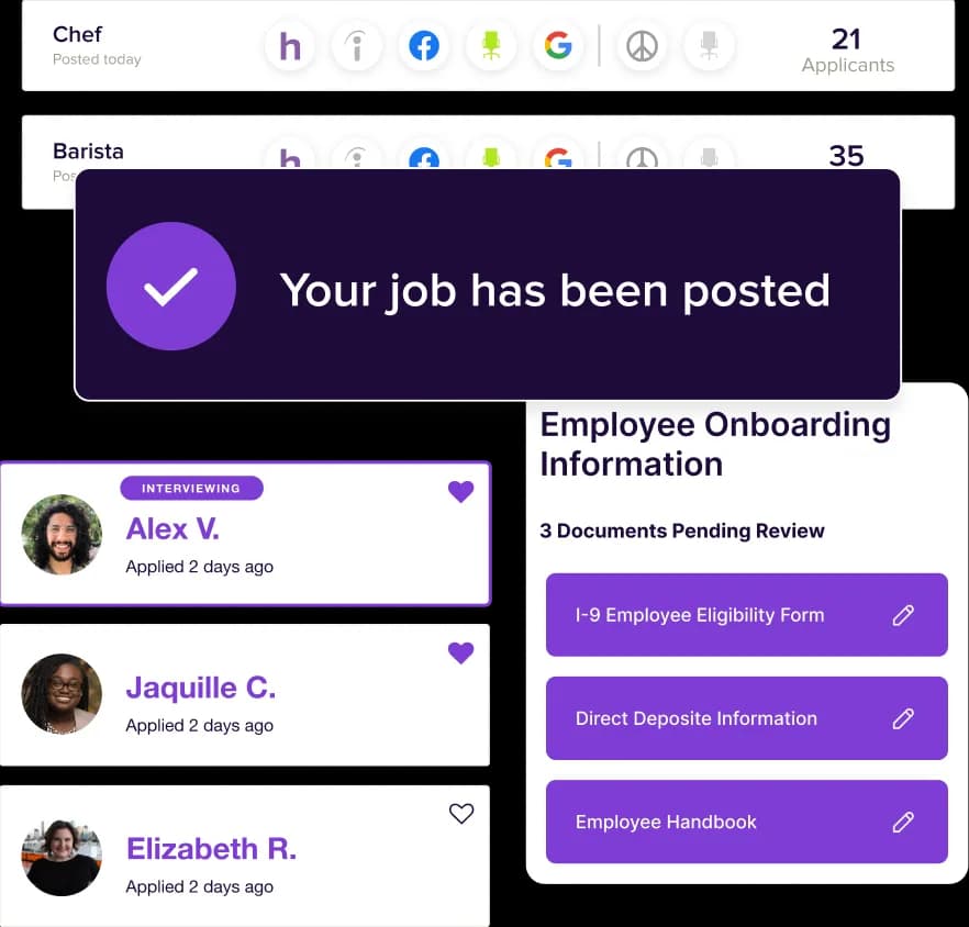 User interface showing job listings for Chef and Barista with applicant counts, confirmation message 'Your job has been posted,' a list of applicants with interview status, and employee onboarding information including three pending documents: I-9 Employee Eligibility Form, Direct Deposit Information, and Employee Handbook.