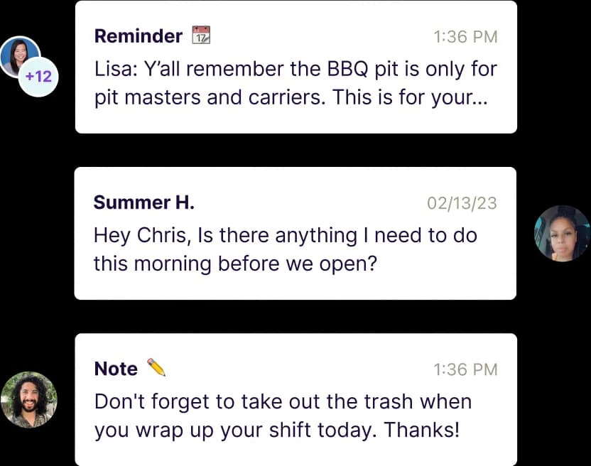 Three team communication messages: a reminder about BBQ pit usage, a question about morning tasks, and a note to take out the trash after a shift.