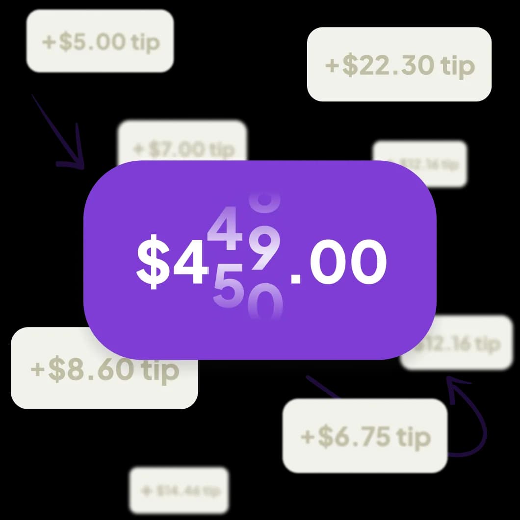 Individual tip amounts totalling into a single $459.00 figure, illustrating tips being added up automatically.