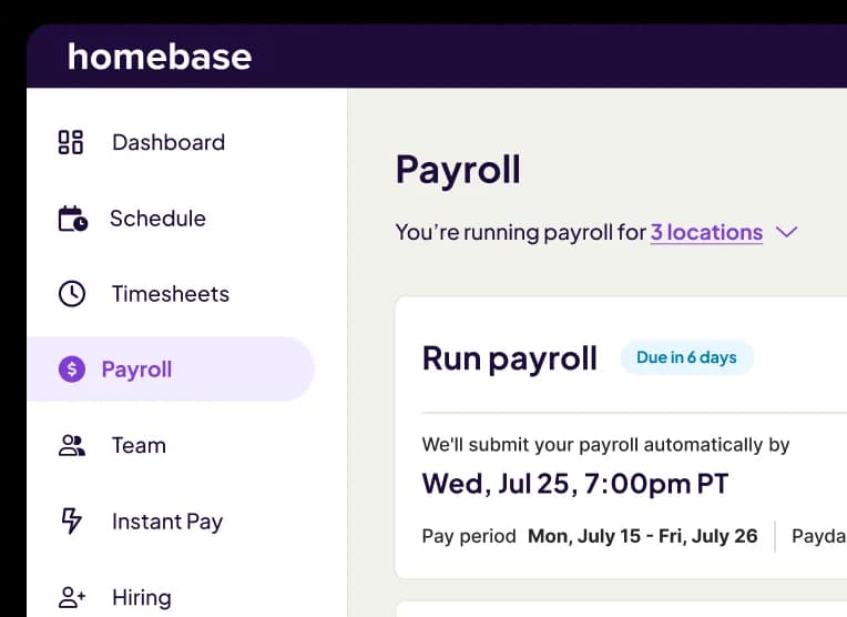 Homebase payroll dashboard on a mobile screen showing payroll schedule and upcoming run deadline.