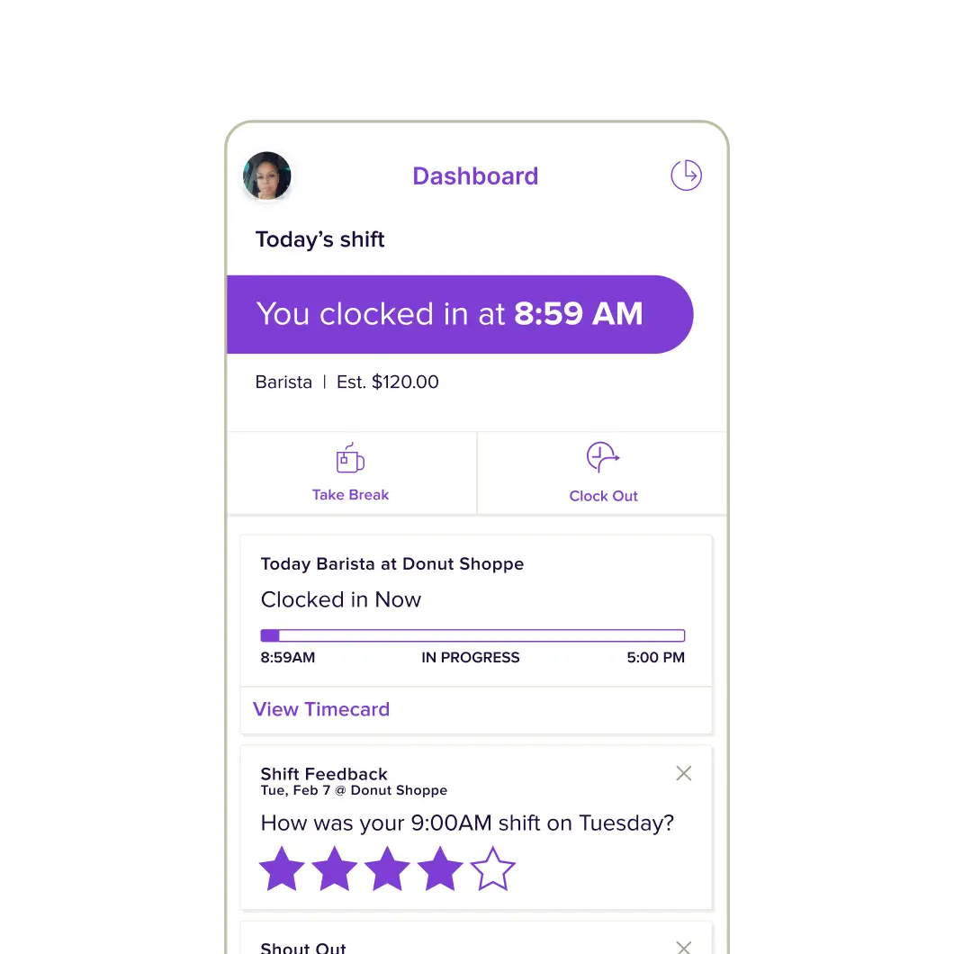Homebase mobile dashboard showing a clocked-in shift at 8:59 AM with estimated earnings and an end-of-shift feedback prompt.