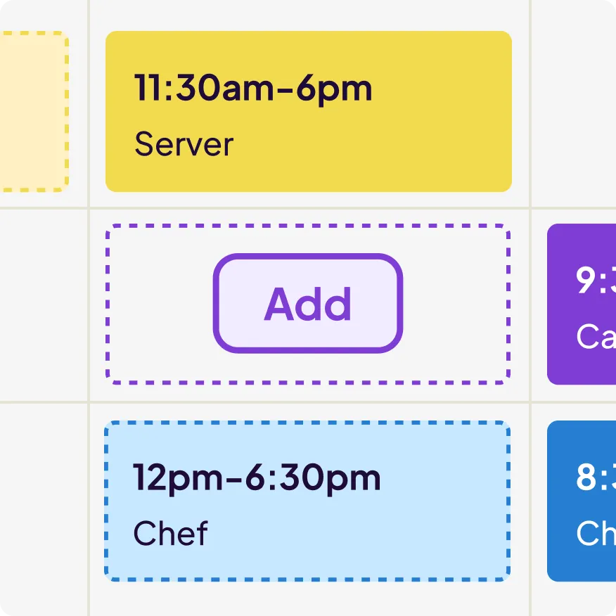 Weekly schedule showing a server shift from 11:30am to 6pm, a chef shift from 12pm to 6:30pm, and an add-shift button.