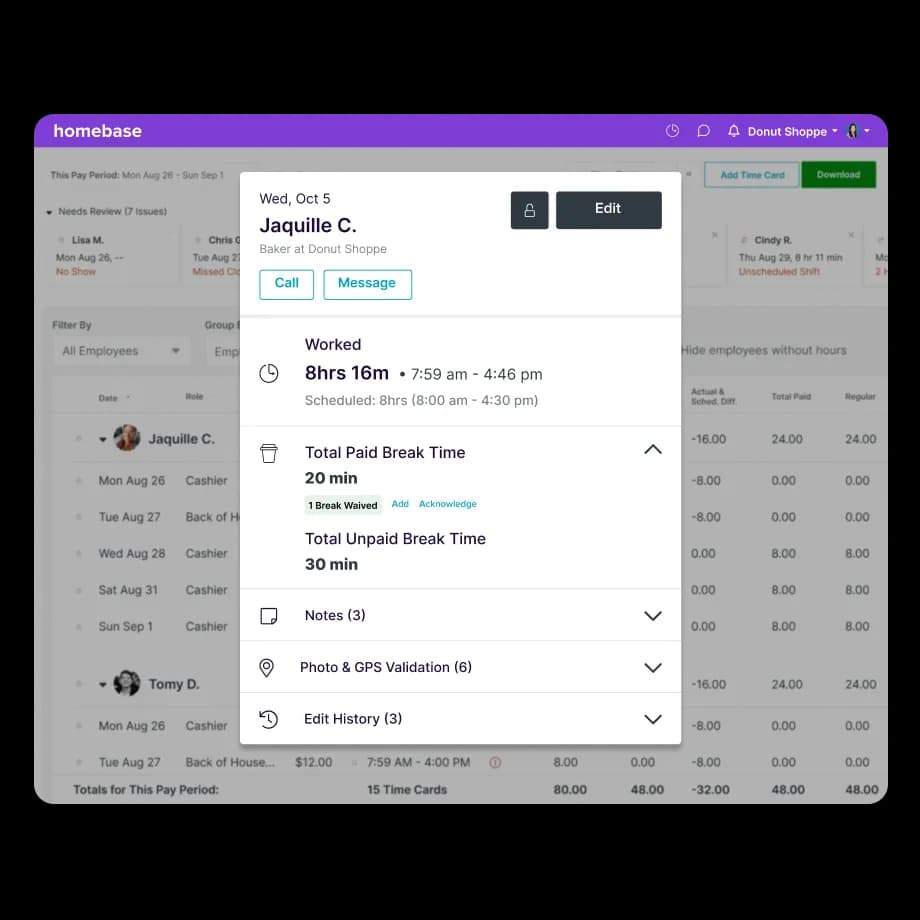 Homebase timesheets list with an employee's shift detail open, showing worked hours, breaks, and edit history