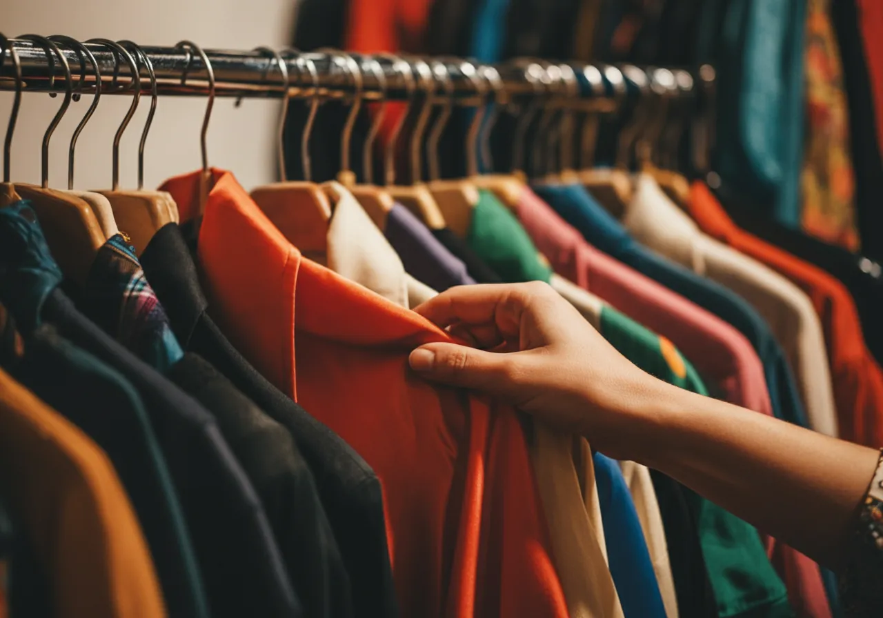 Racks of clothing on display inside a retail shop.